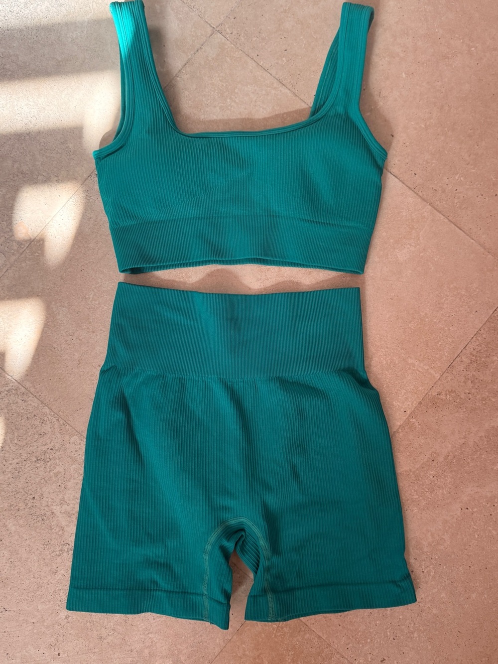 Amazon Teal Ribbed Active Crop Tank & Shorts Set